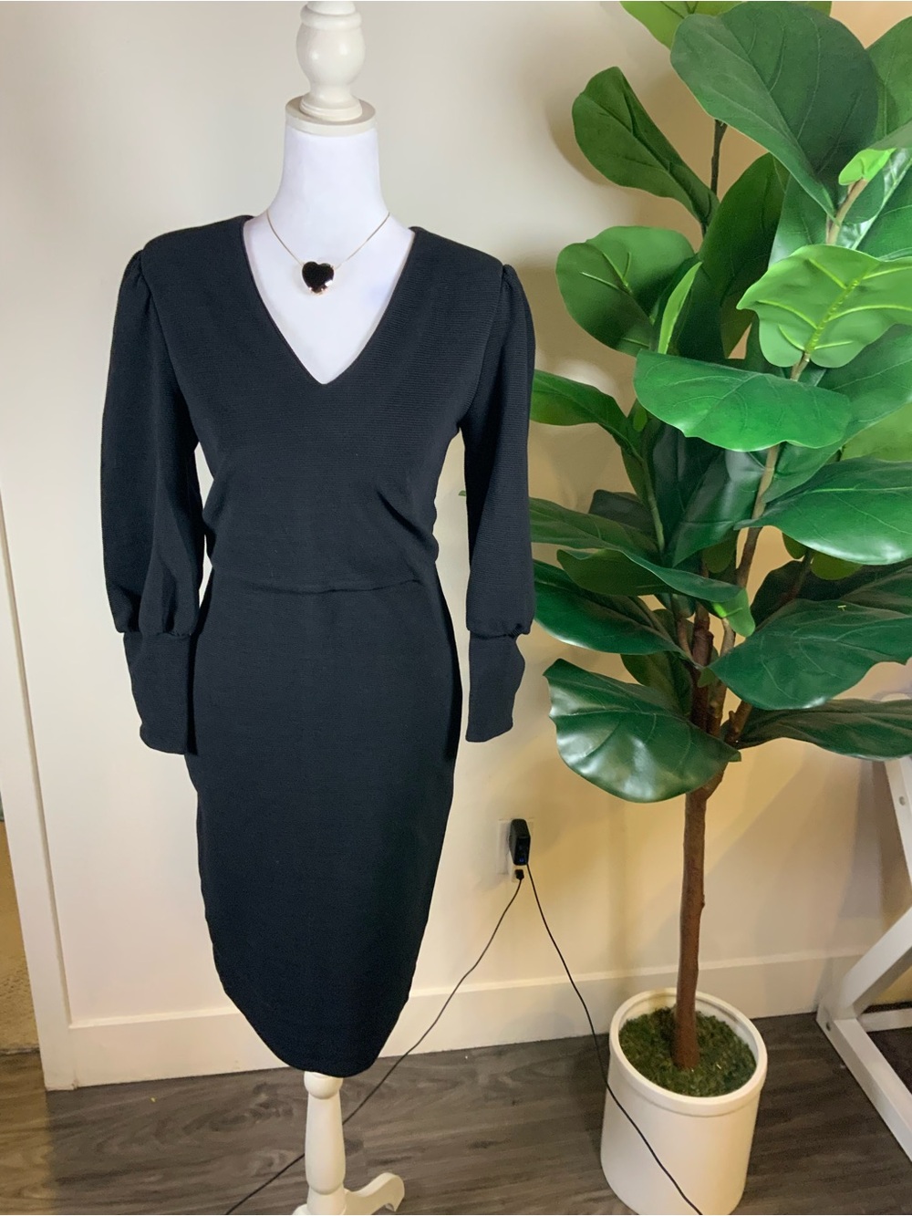 Mango Black V-Neck Puff Sleeve Midi Dress